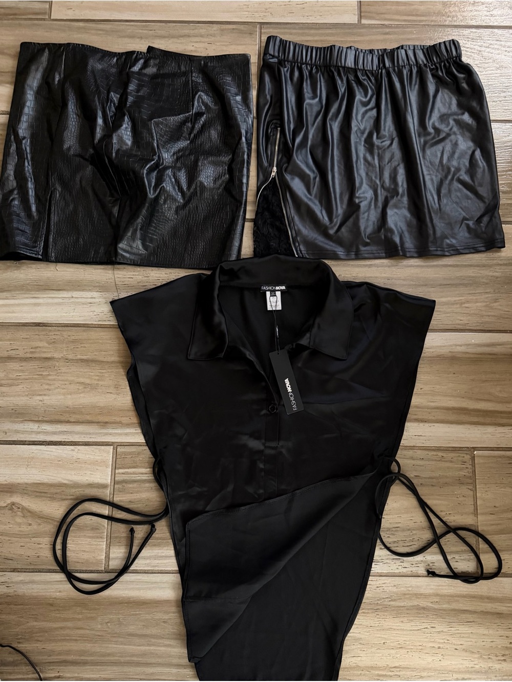 Fashion Nova 3-Piece Black Faux Leather skirts & Satin top